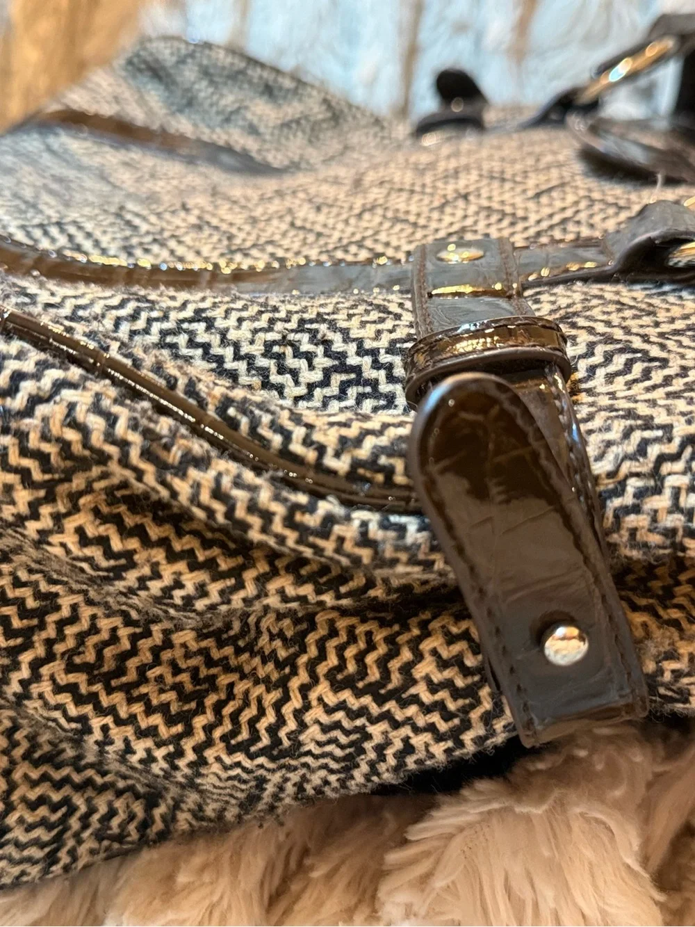 Apt. 9 brown and White Woven Tote with Patent Trim